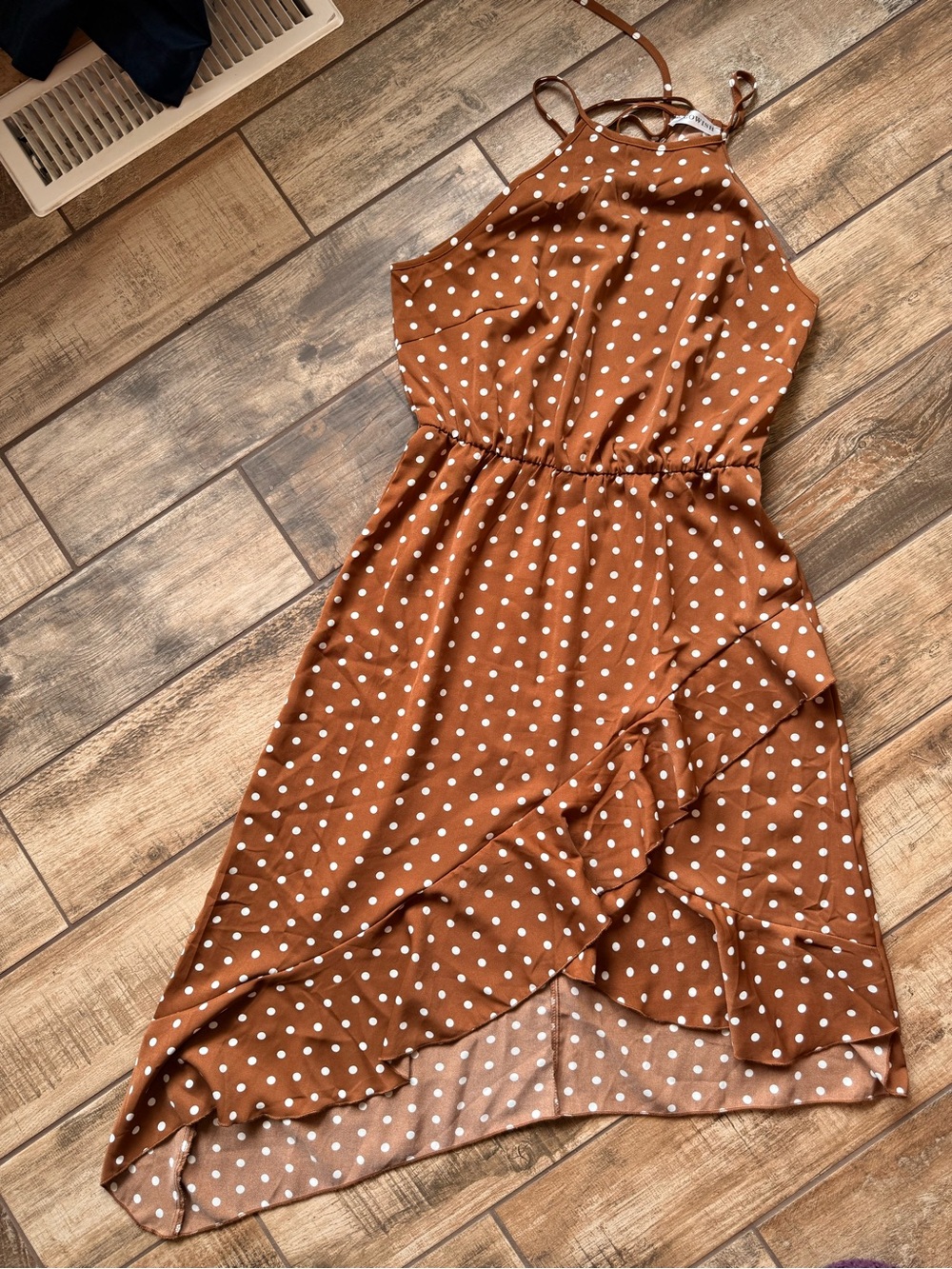 Brown Polka Dot High-Low Halter Dress